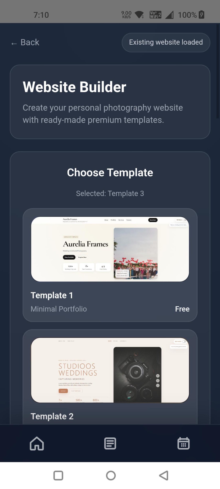 Website builder screen